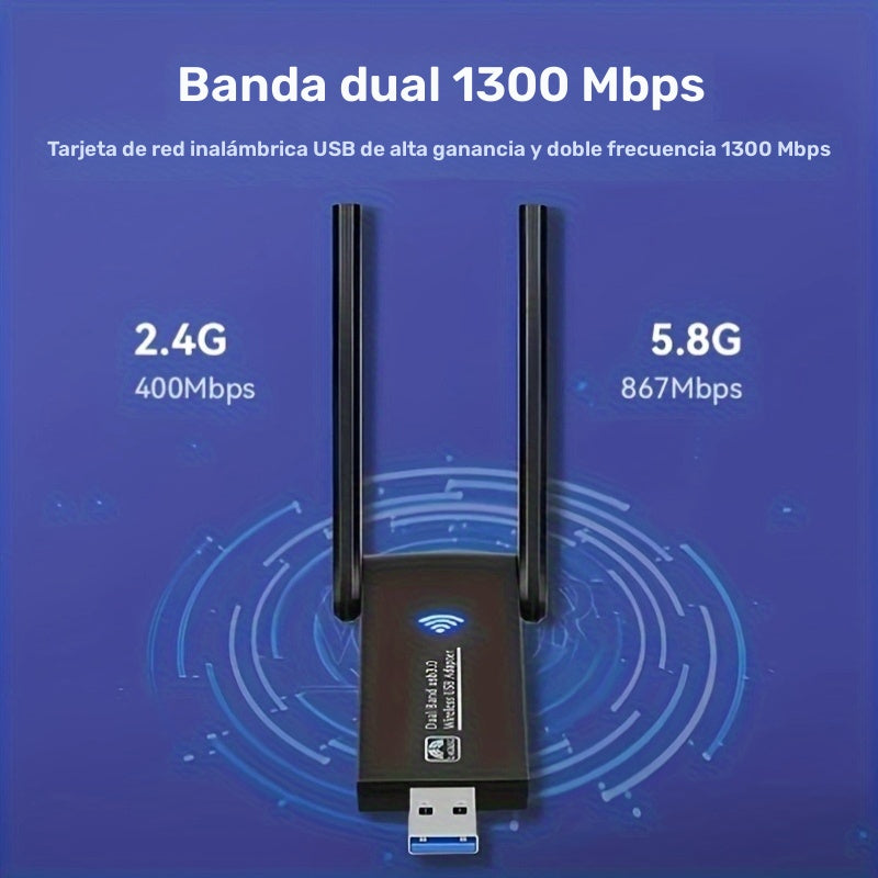 Adaptador WiFi USB AC1300Mbps de doble banda - Antena de alta ganancia de 5Dbi, Plug and Play, Compatible con Windows/Mac, Soporta redes 2.4G/5G, Control de aplicaciones, Modo de alimentación USB, Tensión de funcionamiento ≤36V, Conexión inalámbrica 2.4G
