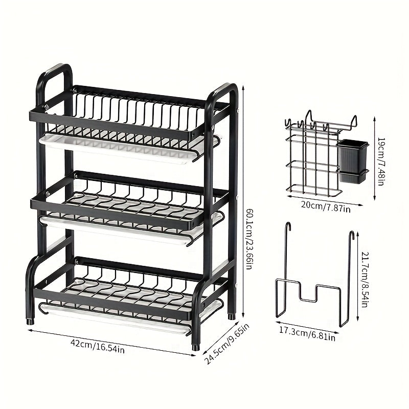Estante de cocina de acero inoxidable de tres niveles con sistema de drenaje - Soporte de almacenamiento multifuncional para tazas y platos, diseño de gran capacidad que ahorra espacio adecuado para tazas, platos y tablas de cortar.