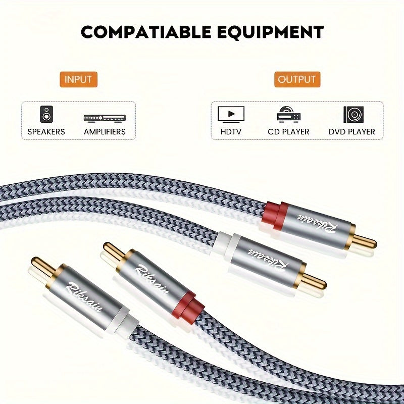 Cable de Audio Chapado en Oro para Transmisión de Música Sin Pérdidas - Conector de Sonido Trenzado de Nylon de Alta Fidelidad 2RCA Macho a Macho con Baja Interferencia, Adecuado para DVD, TV, Cine en Casa, Juegos, Altavoces