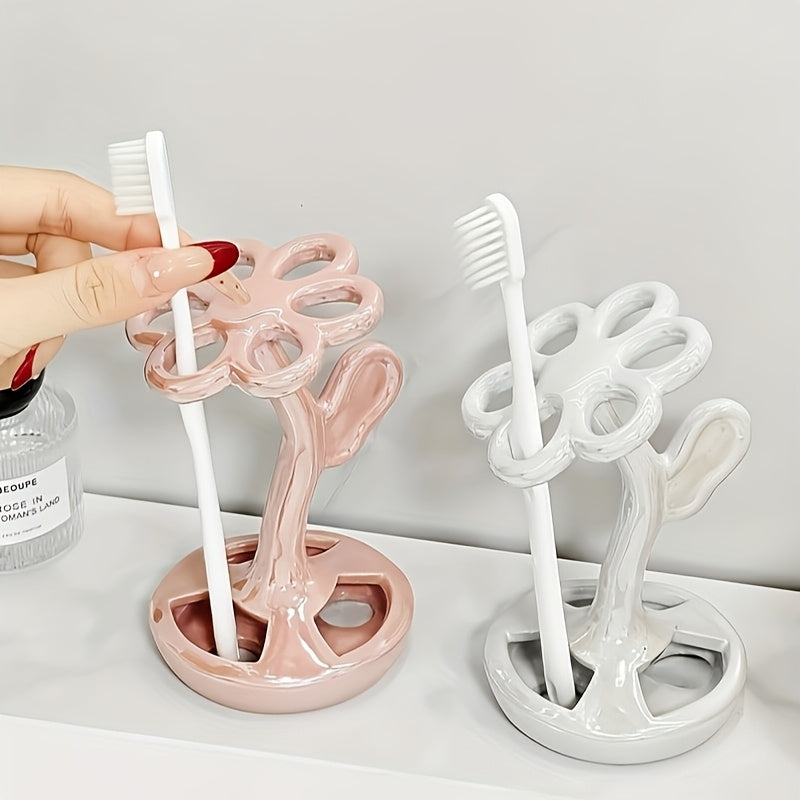 Portacepillos de Cerámica Diseño Original - Organizador de Baño Independiente con Flores en 3 Colores (Rosa, Blanco, ), Almacenamiento Doble para Brochas y Cosméticos, Sin Necesidad de Electricidad, Decoración Elegante y Regalo Festivo