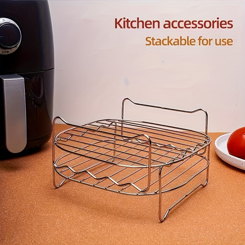 Conjunto de 5, Un conjunto de accesorios para bandeja de freidora de aire de acero inoxidable, bandeja de pinchos de doble capa redonda, compatible con la mayoría de las freidoras de aire, bandeja de parrilla multiusos con pincho para cocinar y apta para