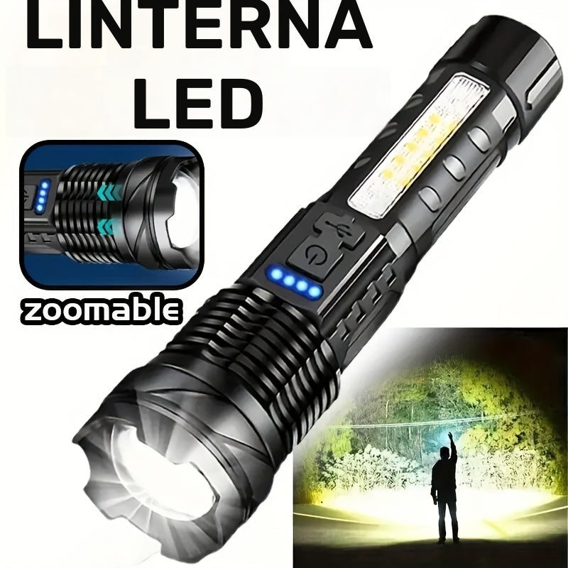 Una linterna multifuncional para exteriores, con un zoom telescópico súper brillante, luz de camping recargable, adecuada para viajes, camping, senderismo, pesca y emergencias.