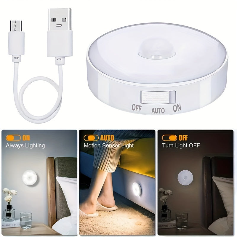 6 luces LED con sensor de movimiento recargables por USB – Iluminación moderna con brillo ajustable para mesita de noche y escaleras, diseño en plástico blanco para dormitorio, residencia y uso en el hogar, luz con sensor de movimiento para interiores