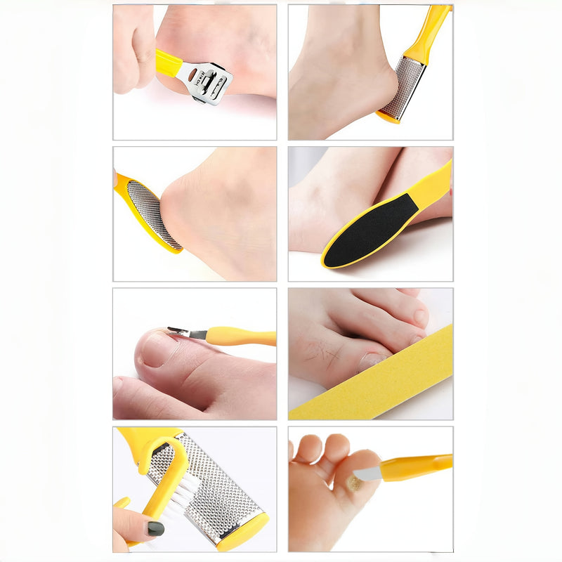 Juego de pedicura profesional de 9 piezas: juego de cuidado de pies de acero inoxidable con eliminador, raspador de talón y dedo - Amarillo