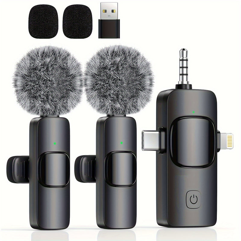 Micrófono inalámbrico de 3 en 1, claro, mini, adecuado para for iphone con enchufe de luz, teléfonos Android/computadoras/laptops, micrófono con doble clip de cuello con enchufe USB-C/3,5 mm, utilizado para grabación de video, vlogging, transmisión en vi