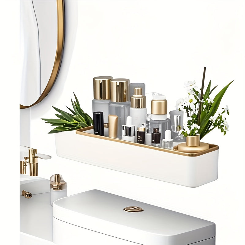 1 estante de baño montado en la pared, sin perforaciones, para almacenamiento de cosméticos de lujo, organizador de plástico para encima del tapete del inodoro, ideal para accesorios de baño, cubierta del tapete del inodoro, decoración de baño.