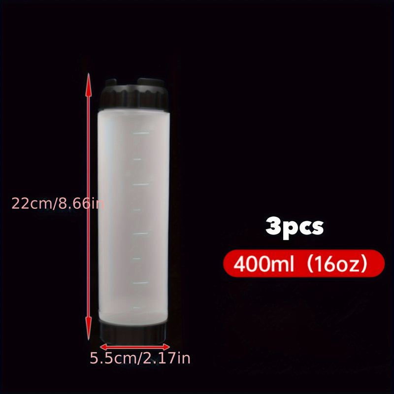 3 paquetes de botellas de plástico de 16 oz con punta rellenable, dispensador de válvula grande para salsas, kétchup, crema agria, jarabe autosellante, grado alimenticio, no necesita electricidad, blanco/negro/rojo