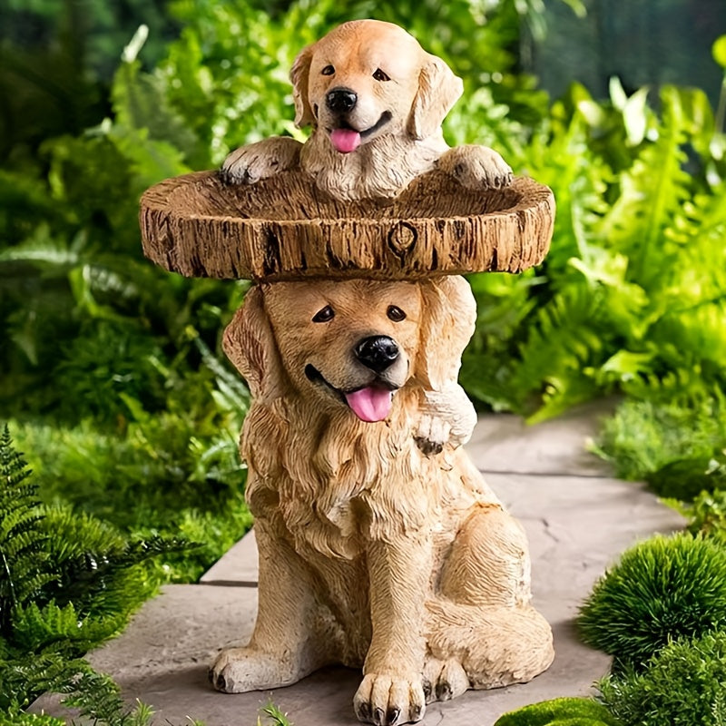 Baño para pájaros con encantador Golden Retriever - Decoración de jardín en resina con dos figuras de perros, fuente de agua exterior para pájaros y perros, sin necesidad de electricidad, ideal para jardines y patios, baño para pájaros de exterior