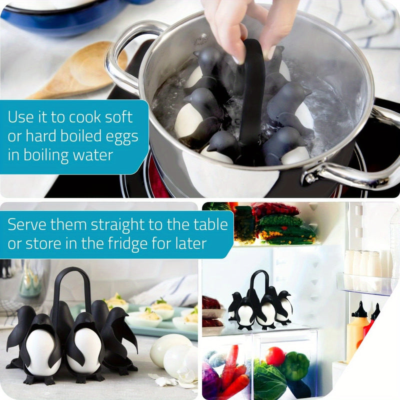Soporte de huevo en forma de pingüino que cocina, almacena y sirve huevos, diseñado para hacer huevos duros o blandos, que puede acomodar 6 huevos para una cocción y refrigeración convenientes.