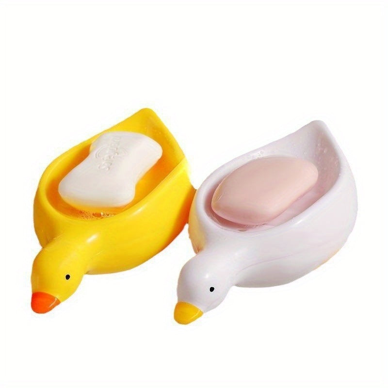 1pc Jabonera con Forma de Pato y Bandeja Ovalada Autodrenante - Accesorio para Baño Blanco y Amarillo, Plástico Duradero para Secado Rápido del Jabón y Soporte para Barras, Organizador Decorativo de Baño, Diseño Divertido | Diseño Efectivo de Drenaje