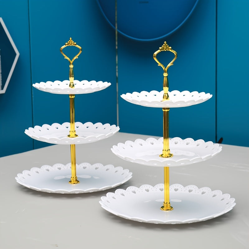 2 piezas de Expositores de Postres de Plástico de Estilo Europeo de 3 Niveles, Bandejas de Servicio de Pasteles y Repostería Seguras para Alimentos con Bordes Festoneados para Bodas, Cumpleaños, Fiestas de Té y Reuniones Festivas - Decoraciones Elegantes