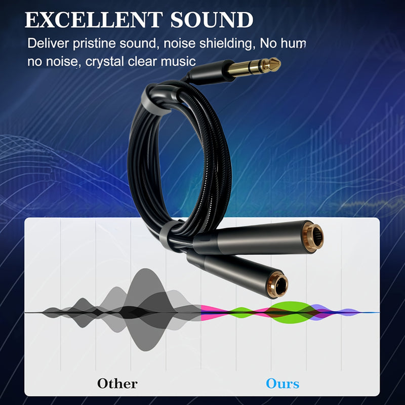 Divisor Estéreo TRS de 6.35 mm, Cable Divisor para Micrófono y Auriculares 1 a 2, Conector Macho TRS de 1/4 Pulgada a Hembra Doble, Extensión con Enchufe Chapado en Oro para Mezclador de Guitarra y Altavoz