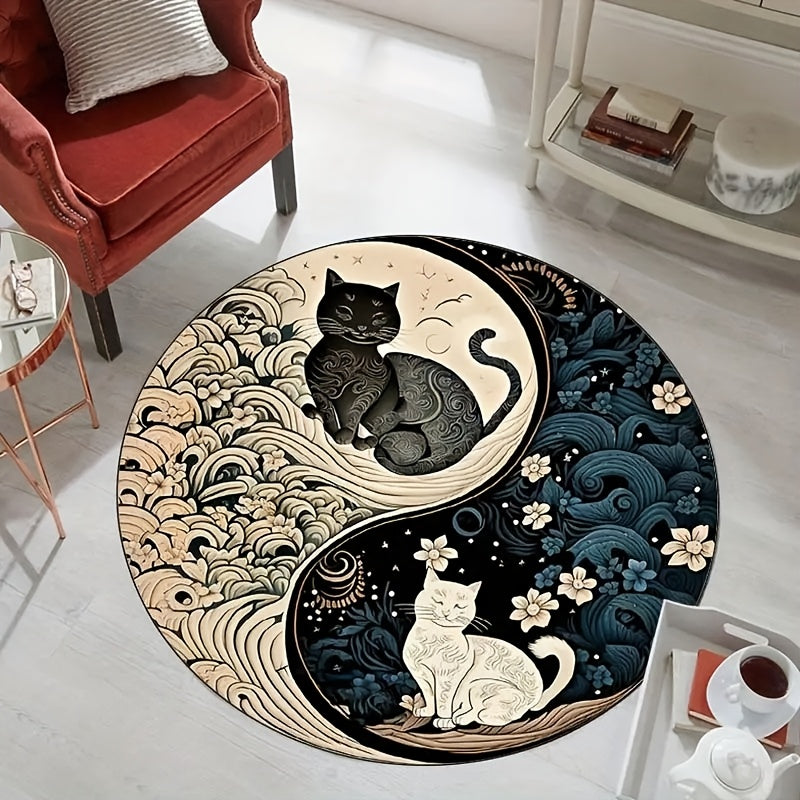 Tapete redondo con diseño de gatos yin yang - Felpa de cristal suave, lavable a máquina, poliéster, para uso en interiores, decoración de sala y dormitorio, temática festiva