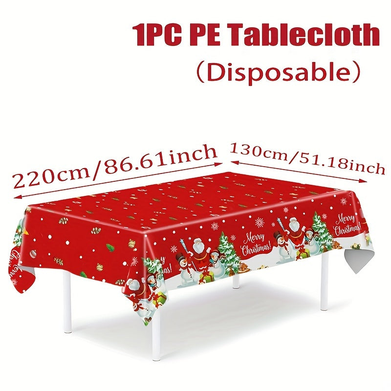 1pc Manta de plástico de Navidad con Santa y Hombre de Nieve - Cubierta de mesa desechable de patrón de dibujo animado rojo para decoración de fiesta de vacaciones, tejido no textil rectangular hecho a máquina, se ajusta a mesas de 219.96x129.79cm