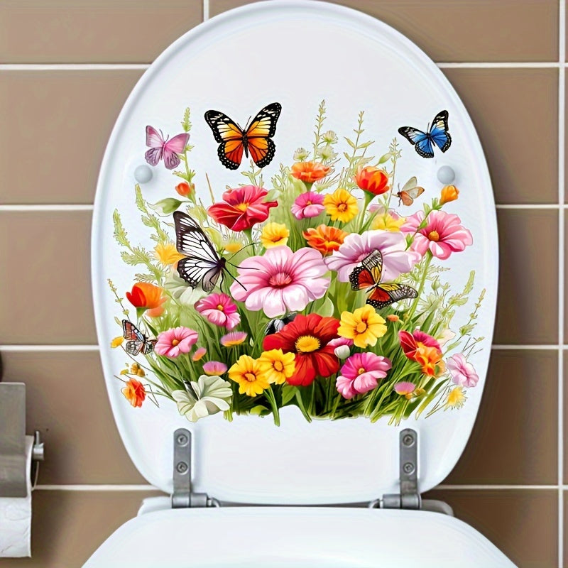Calcomanía para Tapa de Inodoro de Flores y Mariposas - Pegatina de PVC Mate Reutilizable para Superficies de Baño de Cerámica, Forma Irregular, Arte de Pared Multiusos para Decoración del Hogar