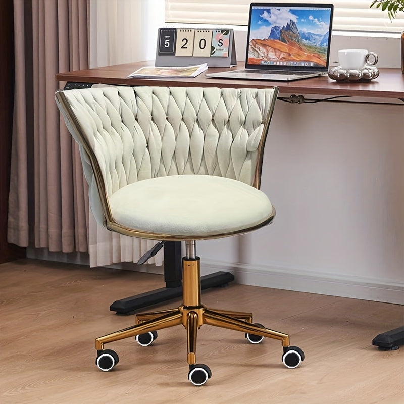 Silla giratoria de terciopelo dorado para maquillaje, con respaldo tejido, altura ajustable y giro de 360°, ideal para tocador, salón de belleza, mesa de manicura, escritorio de estudio y computadora