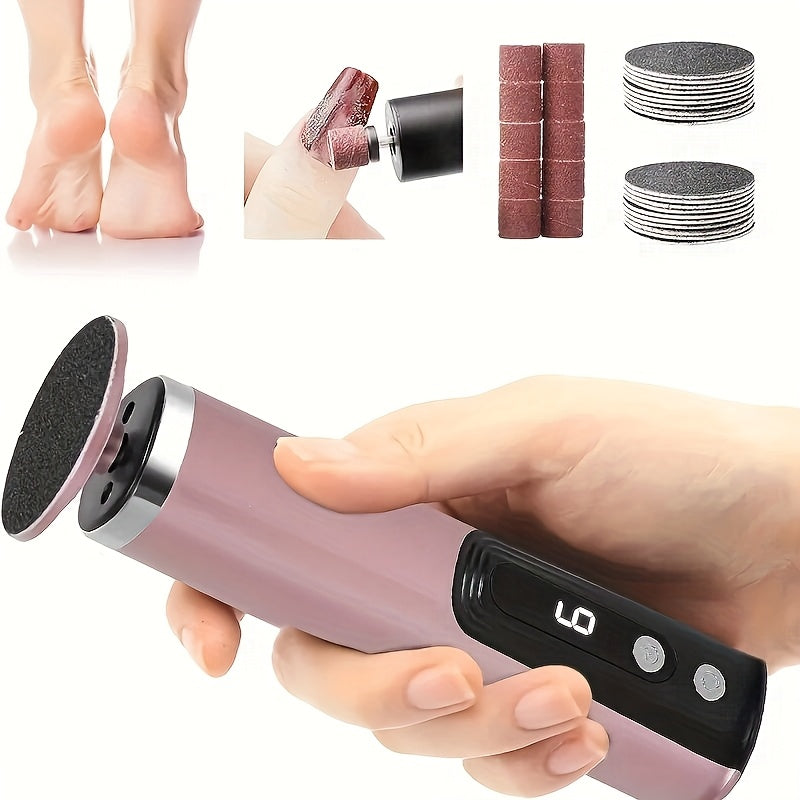 XFF Conjunto de herramientas de exfoliación de pies rosas y púrpuras nuevas, máquina de pedicura de velocidad ajustable con discos de papel de lija, adecuada para hombres y mujeres para exfoliarse en casa o en salones de belleza - Portátil y de remoción