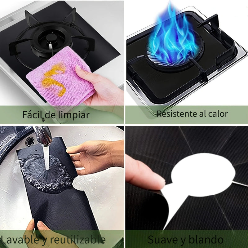 4 Piezas de Cubiertas para Quemadores - Protector de Estufa Negra, 0.1mm Doble Grosor, Reutilizable, Antiadherente, Fácil Limpieza, Ajuste para Encimera de 10.6" x 10.6", Libre de BPA