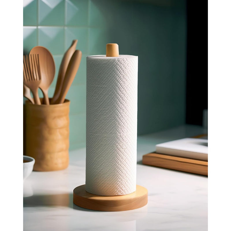 Juego de soporte de pañuelos simples - un dispensador de madera independiente para cocina y baño, con un soporte redondo de 24,38 cm de altura y un diámetro de base de 7,62 cm, diseñado para instalación autoadhesiva.
