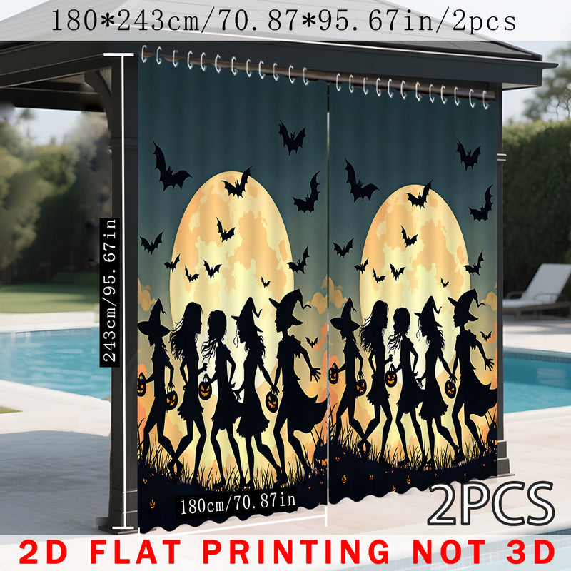 1pc/2pcs Cortinas para Exteriores, Diseño de Escena de Bruja en y Naranja con Estampado 2D, Adecuadas para Patio, Cenador, Jardín, Todas las Estaciones, Incluye Ganchos, Decoración Temporal para Halloween, Navidad y Bodas
