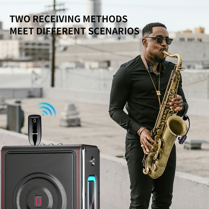 2025 (Mejor Vendedor) Micrófono Inalámbrico UHF para Saxofón, Adecuado para Escenarios y Actuaciones al Aire Libre, Micrófono Inalámbrico para Saxofón, Diseñado para Saxofones, Trumpeta Clip-On, Micrófono para Instrumentos, Incluye Receptor, Plug and Pla