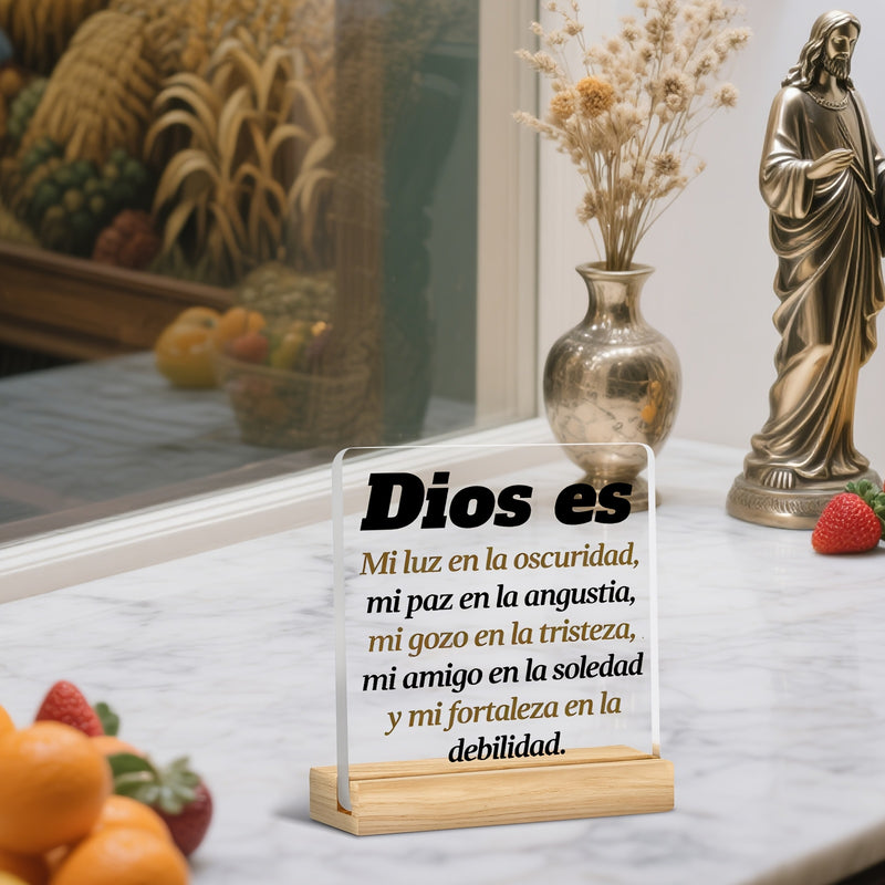 Soporte de madera de acrílico 2D con versículo bíblico en español - Regalo religioso para Navidad, cumpleaños, bautismo - Dios es mi luz en la oscuridad, paz en el dolor - Decoración inspiradora para el hogar y el escritorio