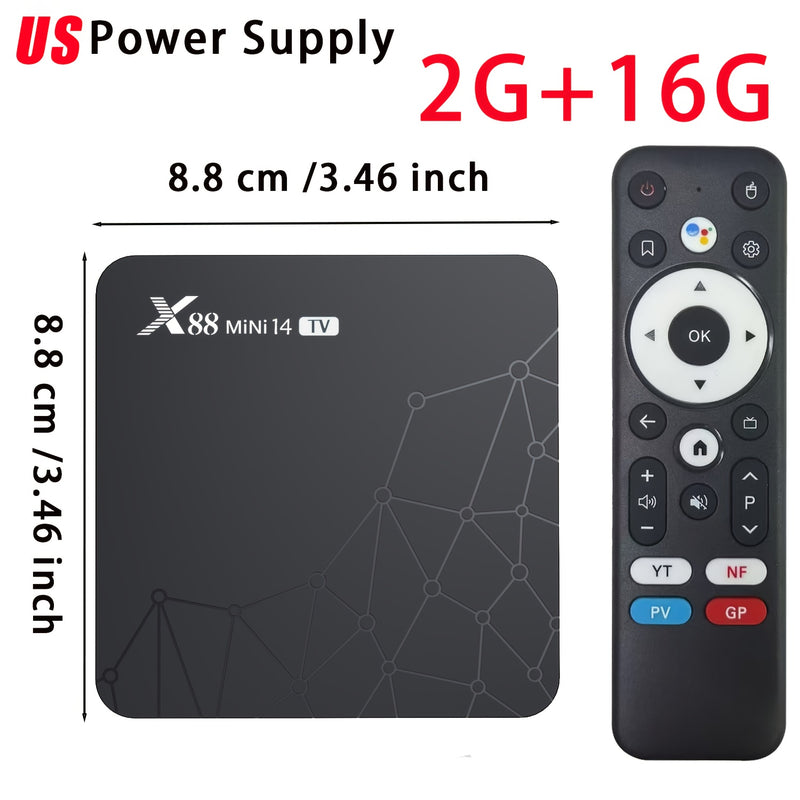 88MINI 14 TV Android 14 Caja de TV | Decodificación 4K@60Hz HDR 8K | RK3518 Quad Core + Mali GPU | 2GB RAM+16GB ROM, Enchufe US | WiFi Dual Band 6 y BT 5.0 | Expandible a 64GB | HD 2.0b | Control Remoto Infrarrojo Multilingüe con Voz | Portátil para Hoga