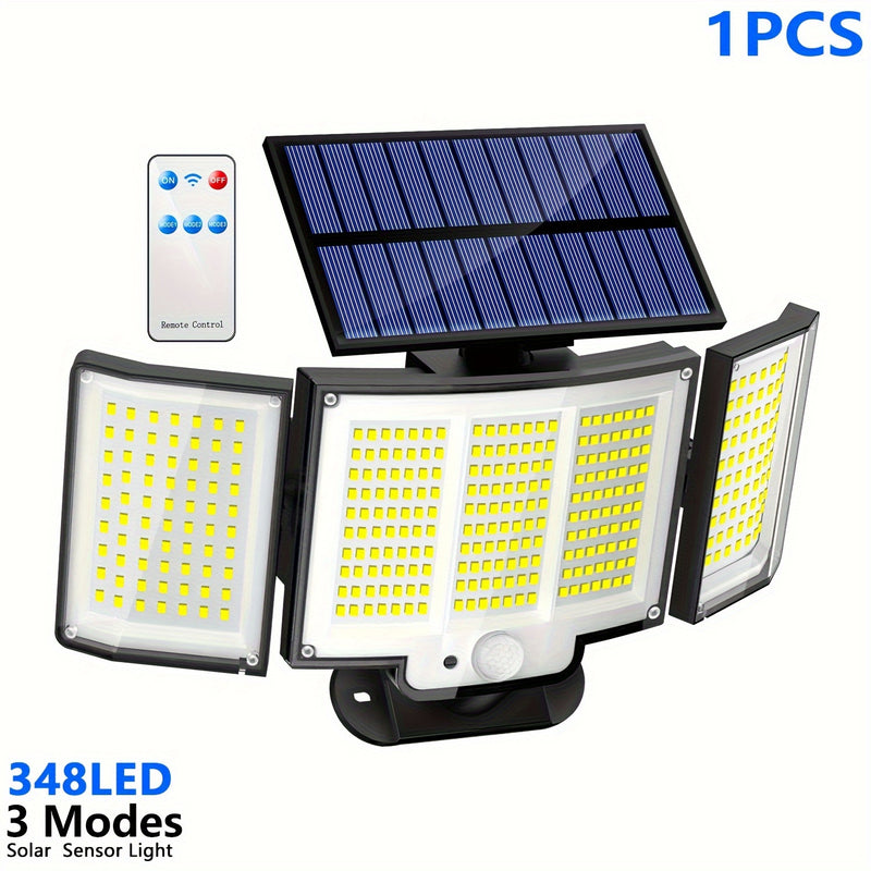 1 unidad/2 unidades de luz solar exterior, luz de seguridad con 348 LEDs y control remoto, foco de pared con sensor de movimiento de 3 cabezales, 270° de ángulo amplio, 3 modos de iluminación, lámpara para jardín, patio, garaje, puerta principal, piscina