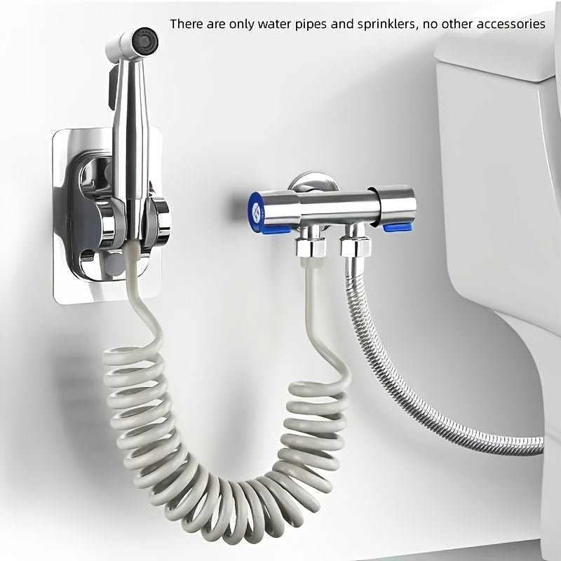 Kit de Ducha Manual de Alta Presión - Pistola de Limpieza para Baño de Acero Inoxidable con Manguera de 2 Metros y Conector en T de Una Entrada Dos Salidas, Soporte Montado en la Pared Sin Taladro, Cabezal Autolimpiante Resistente para Inodoro/Ducha/Masc