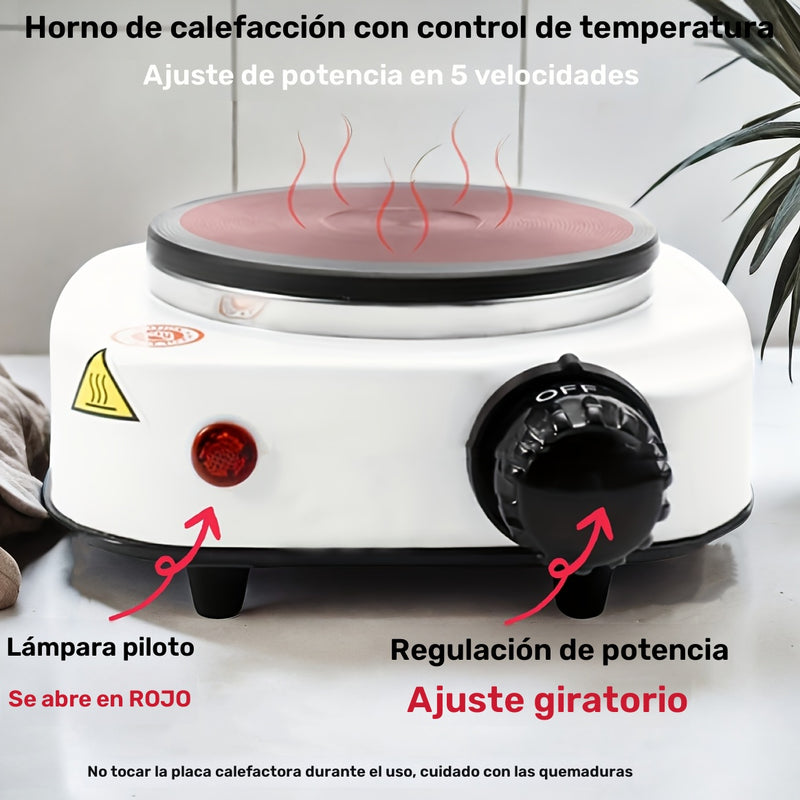 Estufa Eléctrica Versátil de 110V con Placa de Hierro Fundido - Perfecta para Teteras, Cafeteras y Mochas, Control de Calor de 5 Niveles, Distribución Uniforme del Calor, Diseño Portátil, Blanco y Gris, Enchufe Estadounidense
