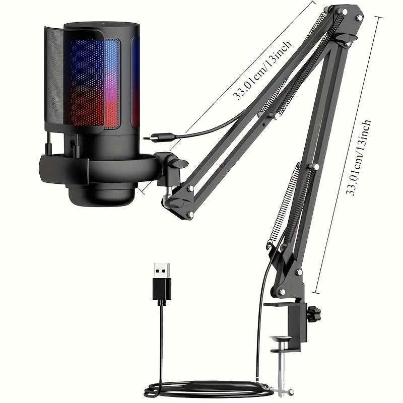 Soporte de micrófono Gaming Boom, micrófono de condensador de escritorio USB con kit de soporte, Plug And Play, silencio/tacto de monitoreo, control de ganancia, luces RGB, toque, silencio, monitoreo instantáneo, control de voz de juego, adecuado para PC