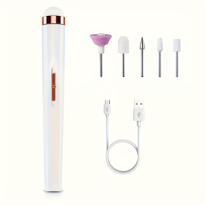 Broca Portátil para Uñas con 5 Accesorios, Recargable USB y Luz LED, Velocidad Ajustable, Ideal para Manicura y Cuidado de Uñas