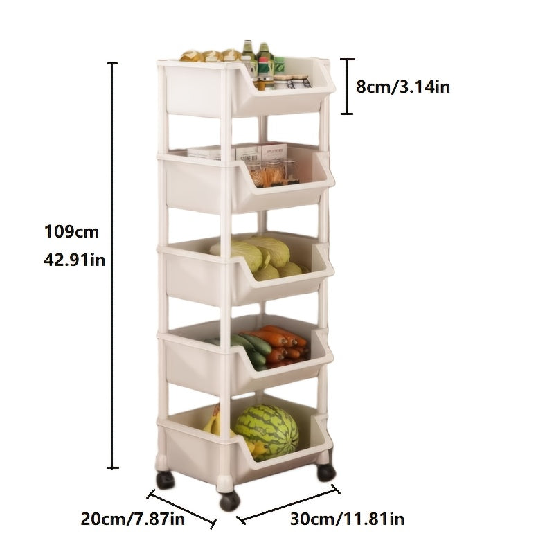 Carrito de Almacenamiento Rodante de 5 Niveles con Ruedas - Organizador Multifuncional de Plástico Duradero para Cocina, Sala de Estar y Hogar - Fácil Montaje, Sin Necesidad de Energía, Ideal para Aperitivos, Libros y Productos Frescos, Carro de Cocina