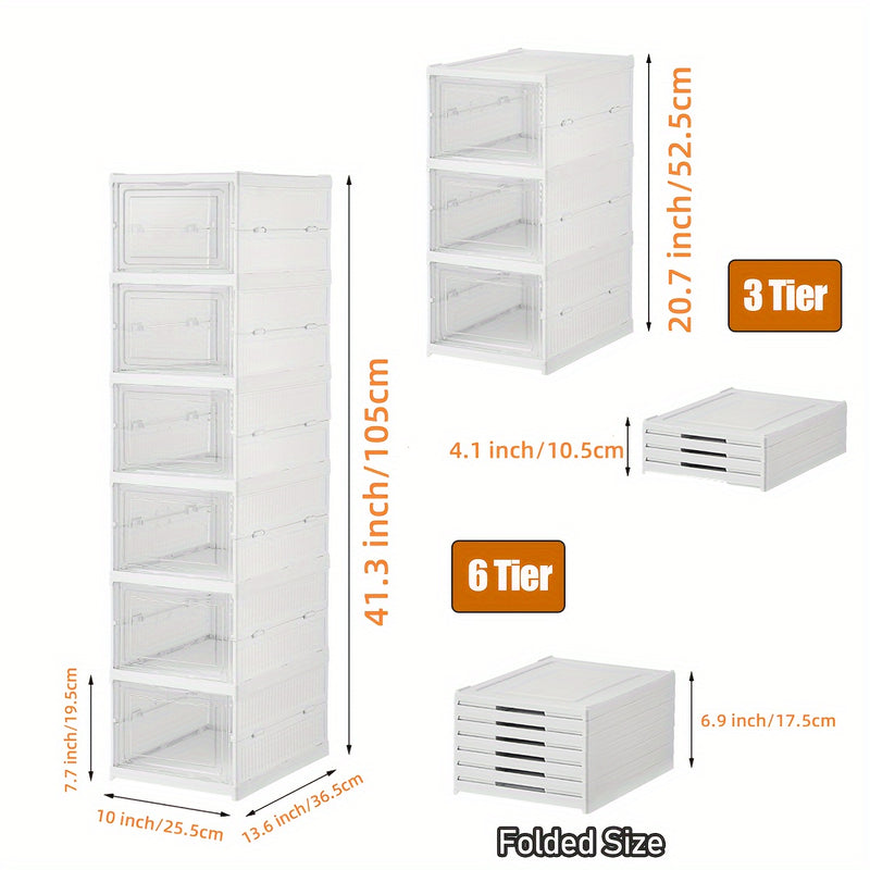 Caja transparente para zapatos de 1 a 3/6 niveles, apilable, plegable, a prueba de polvo, con múltiples opciones de almacenamiento