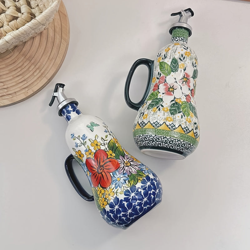 1pc Olla de cerámica para aceite, bomba de aceite de oliva de cerámica pintada a mano y asa, botella de aceite de cocina, elegante diseño floral, gran capacidad, accesorios de cocina, decoración de cocina para el hogar.
