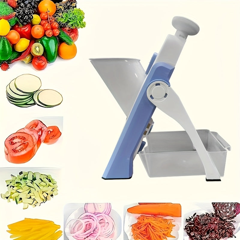 Rebanador de Mandolina Manual Cop Rose con Hoja de Acero Inoxidable - Picadora de Verduras Versátil, Cortador de Papas Fritas, Ensalada y Fruta en Cubitos - Utensilio de Cocina Ligero, Sin Necesidad de Energía, Cuerpo de Plástico ABS, Diseño Blanco y Azul