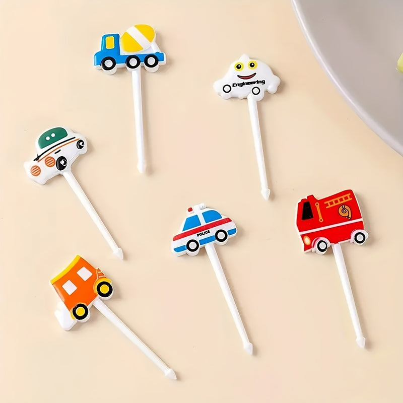 6 piezas de tenedores de postre de vehículos de dibujos animados, picas de frutas de plástico para pasteles, divertidos diseños de coches y camiones para aperitivos y snacks de fiesta