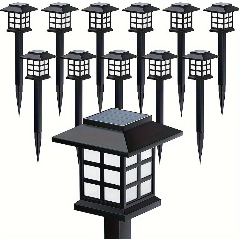 12-Pack LED Luces Solares para Jardín, Linternas de Estilo Plástico para Caminos, Batería de Níquel de 300 mAh, Antorchas de Estaca de Fácil Instalación para Pasarelas, Decoración de Jardines y Comunidades - Luz Blanca y Cálida