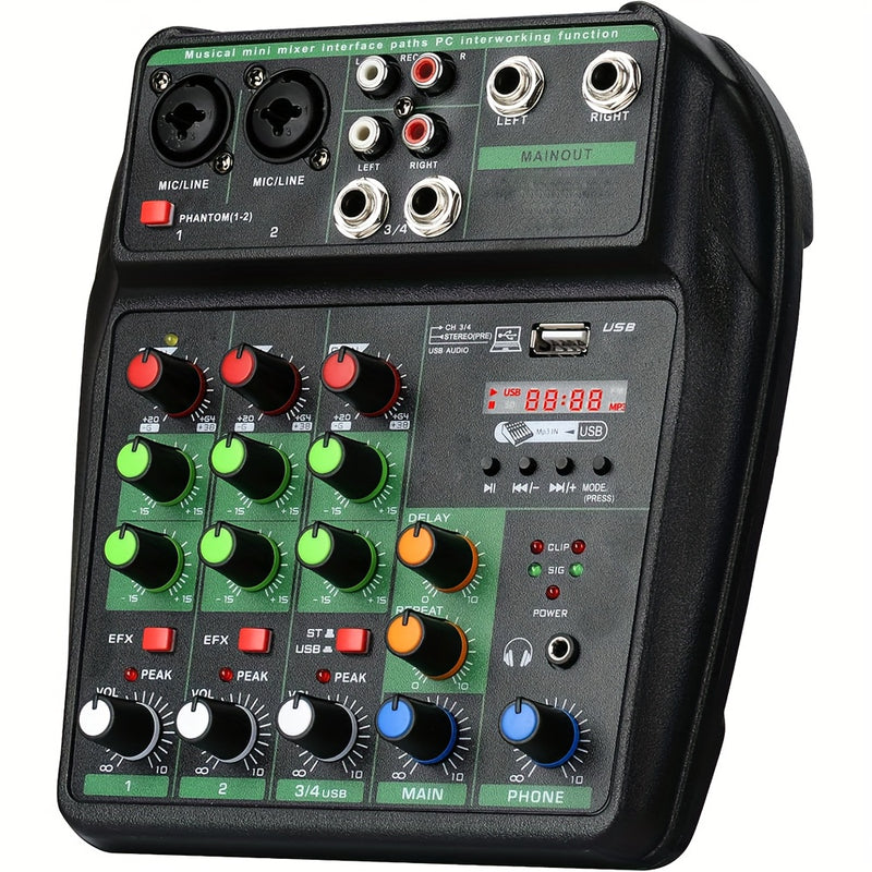 TAVOSOP Profesional 4 canales, mezclador de audio portátil, mezclador estéreo mini DJ con USB, verde, material ABS, compatible con interfaz de audio y tarjeta de sonido para producción musical en casa, DJ Karaok