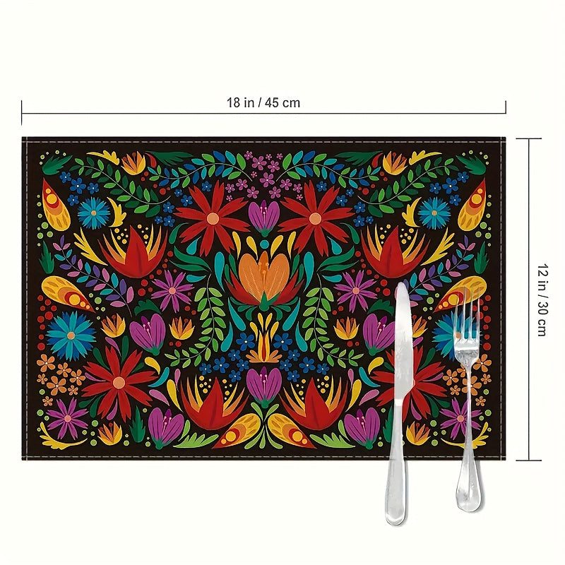Juego de 4 Manteles Individuales con Diseño Mexicano y Flores - Vivos para el Día de los Muertos, Solo Lavado a Mano, Tapetes Rectangulares de Poliéster al 100% para Fiesta de Halloween y Decoración del Hogar