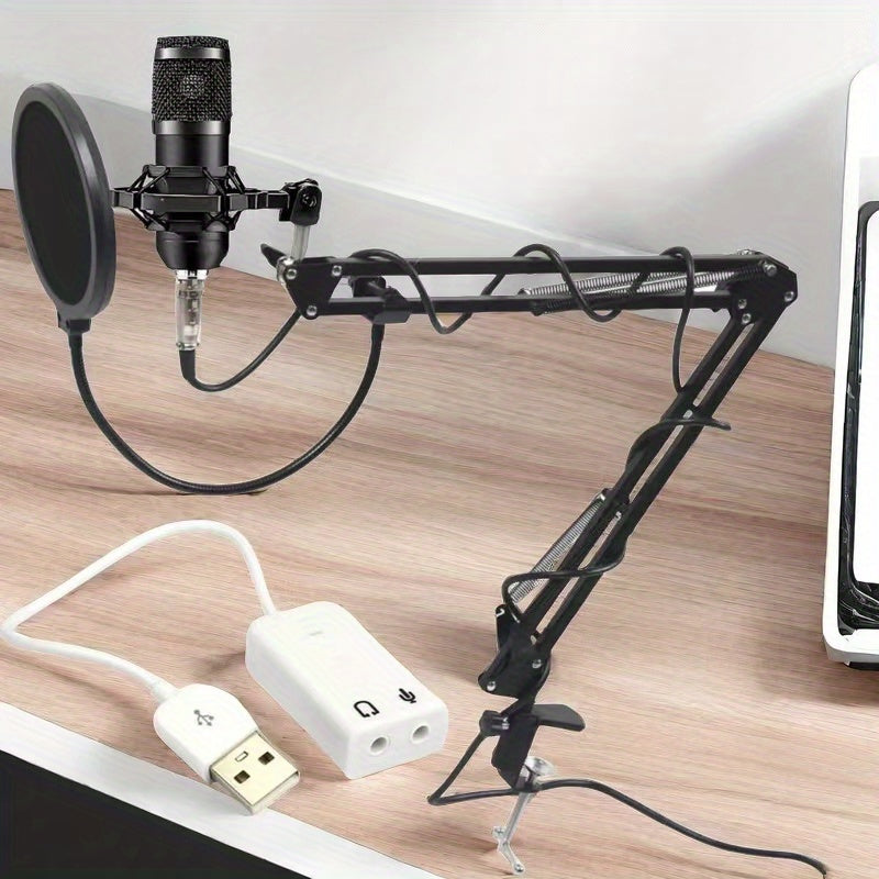 BM-800 Micrófono de condensador con cable, negro, alimentado por USB, conector de 3,5 mm, cuerpo de hierro, para chat de voz y grabación, con accesorios
