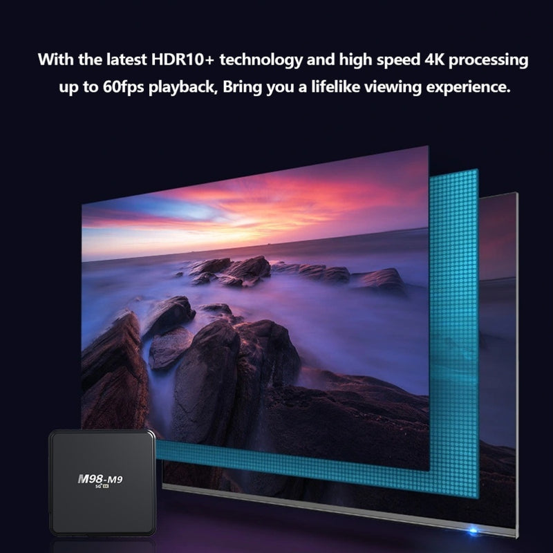 M98-M9 Android TV Box con procesador de núcleo cuádruple, WiFi dual 4G/5G, inalámbrico 5.0, sistema operativo Android 10, salida HDTV, puertos USB - Jugador inteligente de transmisión para 4K UHD, compatible con Netflix, Kodi, enchufe de EE. UU. (110V-13