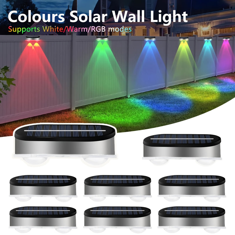 Juego de 2/4/8 luces solares para pared exterior de acero inoxidable, luces solares para exteriores, luces para pared con sensor crepuscular, luces solares para cercas, en modo luz cálida/blanca/RGB, para patios, barandales, jardines y paredes de porche