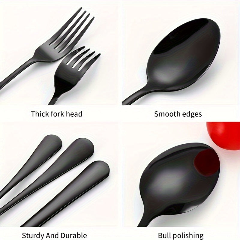 Juego de cubiertos de acero inoxidable estilo occidental, 40 piezas, para 8 personas, color negro, incluye cuchillo, tenedor, cuchara, tenedor de postre y cuchara de postre, ideal para restaurantes familiares, hoteles y banquetes de bodas, seguro para la