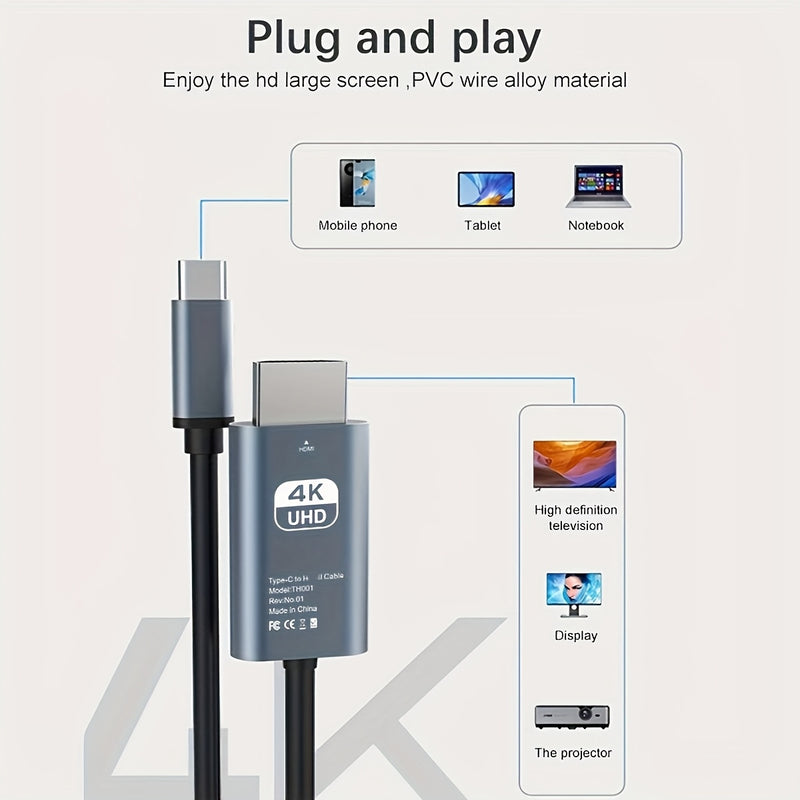 Cable adaptador USB-C a HDTV 4K, transferencia de datos de alta velocidad a 30Hz, duradero y portátil, para MacBook Pro/Air, iPad Pro/PixelBook, XPS, Galaxy y más - No requiere carga, adaptador de red