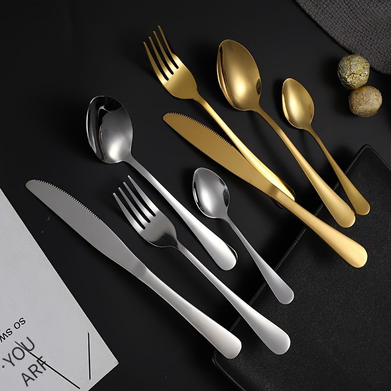 Juego de Cubiertos de Acero Inoxidable Dorado de 24 Piezas con Elegante Soporte Metálico - Incluye Cuchillos para Bistec, Tenedores y Tenedores para Postres, Cucharas - Perfecto para el Hogar, Restaurante, Fiesta, Boda