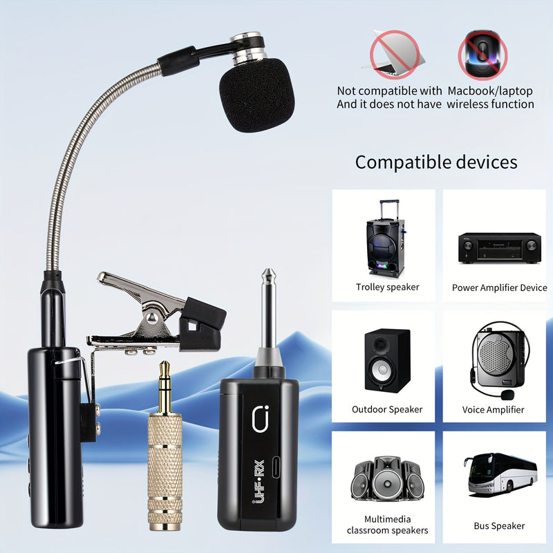 Artículo de Venta Caliente 2025: Micrófono sin varillas UHF para Saxofón, Microfono Clip-On para Instrumentos de Madera y Trompeta, Sistema Transmisor y Receptor Recargable con Distancia de Transmisión hasta 48.77 metros, Apto para Trompeta, Trompa Franc