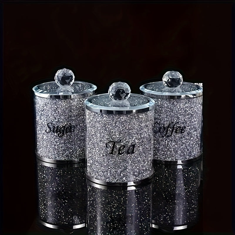 Conjunto de 3 Piezas de Tarros de Vidrio con Diamantes Brillantes para Dulces y Té - Impermeables, Tarros de Almacenamiento Multiusos para Granos de Café, Azúcar y Más, Baúles de Almacenamiento para la Organización del Hogar