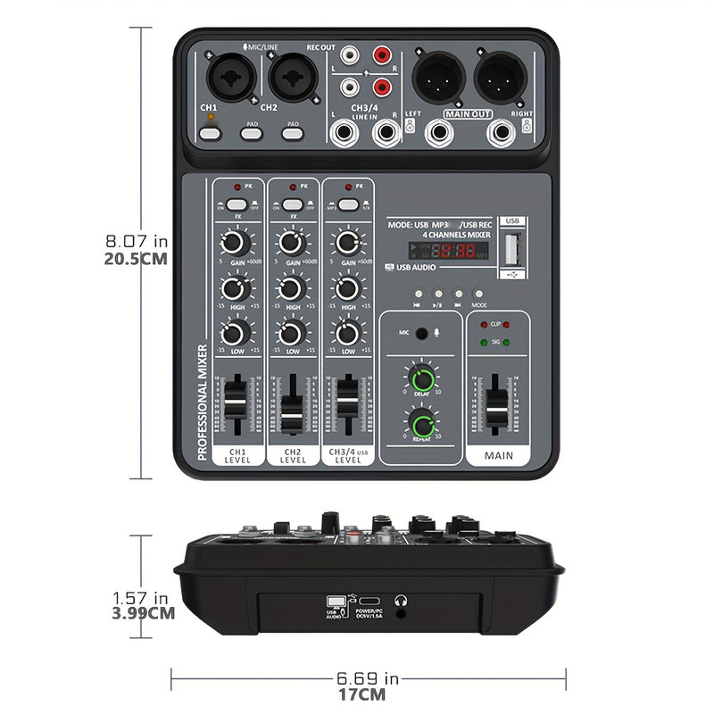 Consola de Mezcla BOMGE Profesional 4 Canales con Interfaz USB, Compatible con MP3 y Entrada de Computadora, Ideal para Estudio, Streaming en Vivo, Grabación y Podcasting