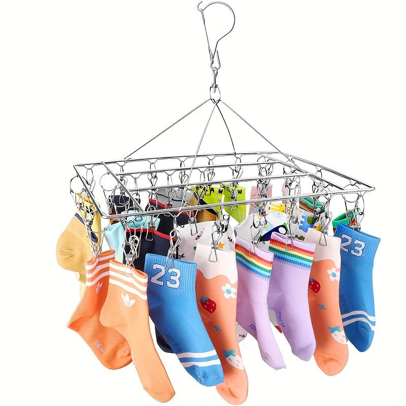 1pc Soporte De Secado De Calcetines De Acero Inoxidable Con Clip Múltiple, Gancho Giratorio A Prueba De Viento, Percha Para Ropa, Soporte De Secado De Ropa Para Calcetines, Sujetadores, Ropa Interior, Accesorios De Lavandería